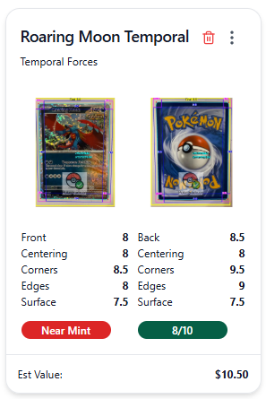 Pokemon card grading example - Charmander 151 (MEW) with detailed AI scoring and pricing from TCGplayer and eBay