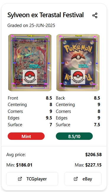 Pokemon card grading example - Pikachu Sun & Moon with detailed AI scoring and pricing from TCGplayer and eBay