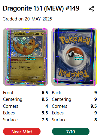 Pokemon card grading example - Dragonite 151 (MEW) #149 with detailed AI scoring breakdown